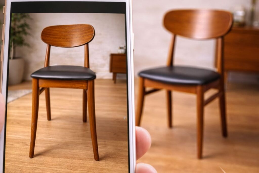 Chaise photographiée avec un smartphone montrant une déformation des proportions due à l’objectif
