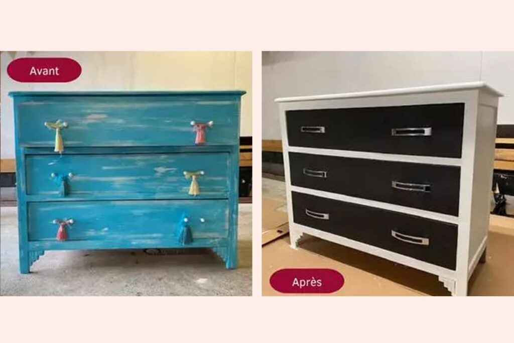 Restauration invisible sur meuble ancien montrant une surface homogène après intervention